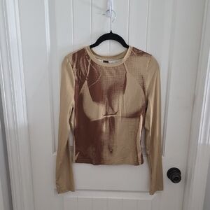 NWOT SHEIN Women's Beige and Brown Graphic Long Sleeve Top